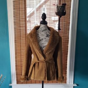 Y2k Route 66 Women's Faux Fur Trim Suede-Like Jacket - Tan